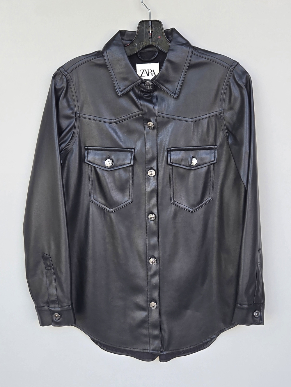 ZARA Black Faux Leather Button-Front Shirt Jacket
